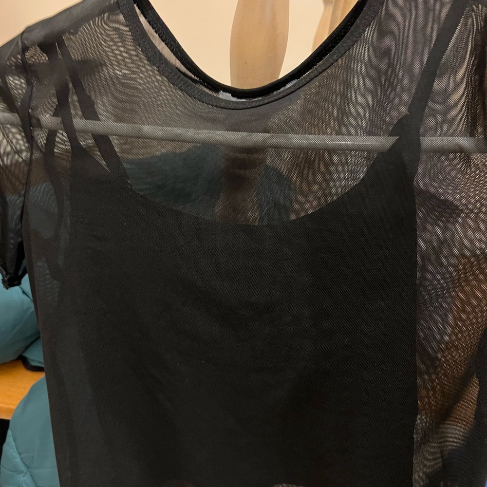 Black crop top; mesh short sleeve shirt with built in tank top underneath